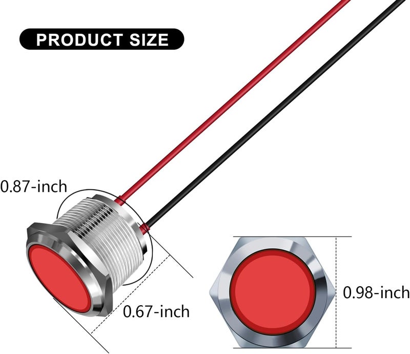FICOLPO 5 قطع ضوء مؤشر معدني LED مقاوم للماء، 12-24 فولت، ثقب تركيب بقطر 0.87 بوصة، ضوء إشارة طيار موصل مسبقًا للسيارات والشاحنات والقوارب والبحرية والعدادات والكهرباء الصناعية (أحمر، 22 مم) - Image 3